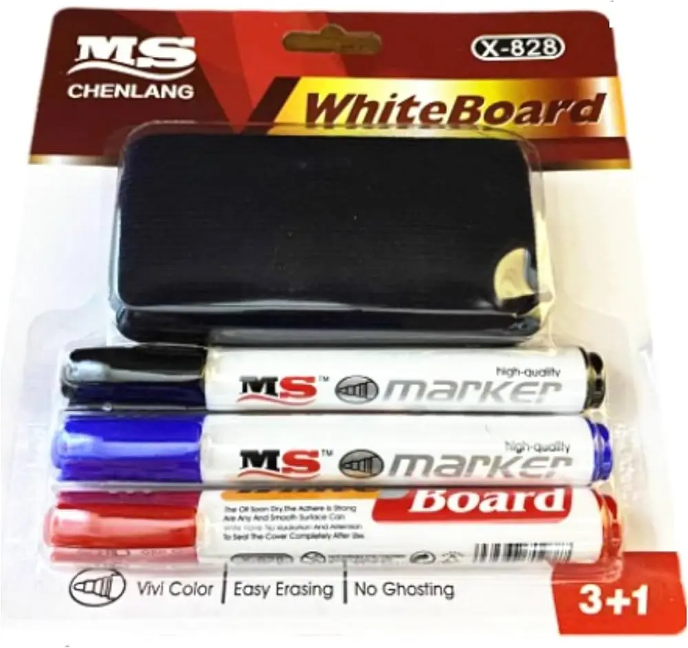 3 WHITE BOARD MARKER BL/BK/RD + ERASER قلم لوح عدد 3 ازرق/اسود /احمر + محاية